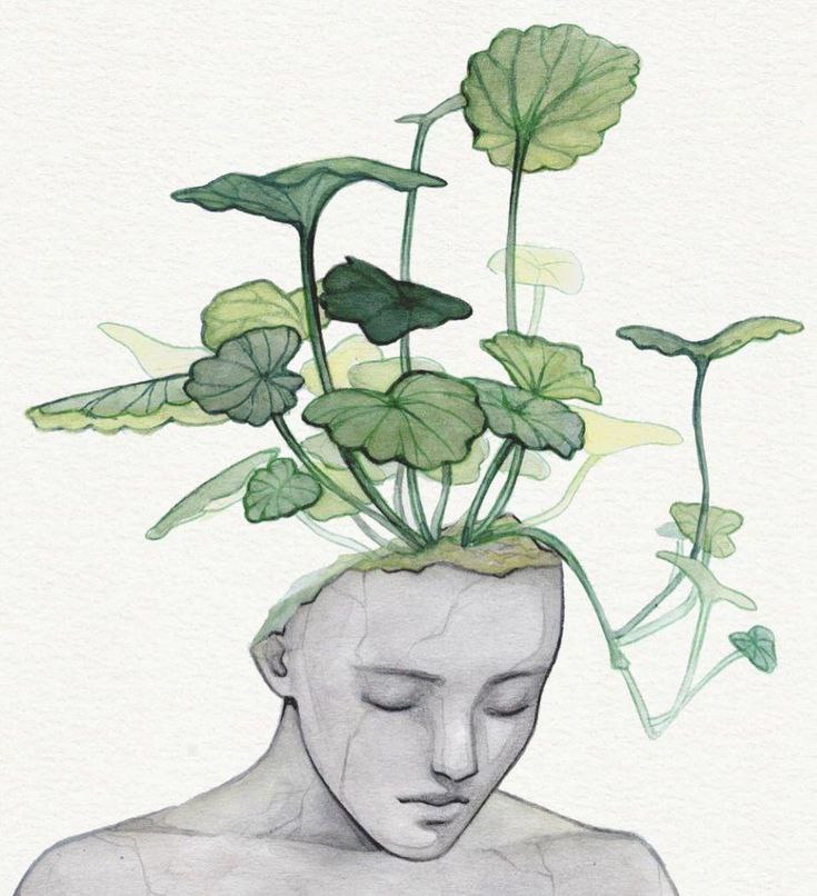 Ilustração de figura com plantas crescendo da cabeça, representando o florescimento interno